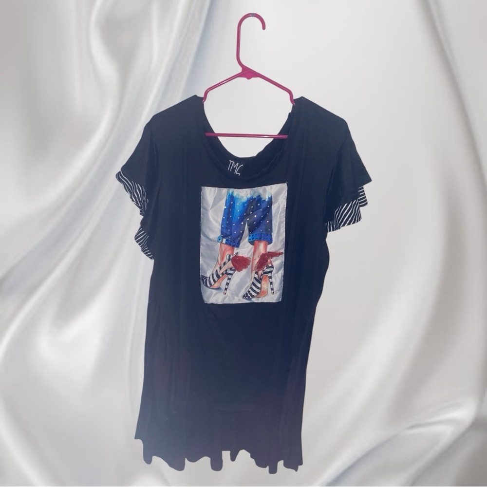 TMC Black Graphic Tee with Ruffle Sleeves